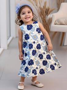 SHEIN Leap Crew Vestido elegante para meninas, gola redonda, bainha com babados e corte A - Azul - Ver 2