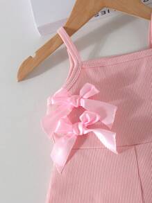 Pelele informal sin mangas con cintura elástica para niñas pequeñas, de tela acanalada de unicolor con decoración de lazo 3D, rosa, para verano