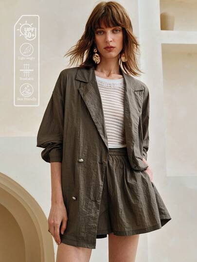 SHEIN LUNE Women Sun Protection Textured Fabric Blazer&Shorts Button Down Two Pieces Outfits For Daily Wear,Women Lightweight Blazers,Business Casual Woman
