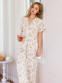 Dream Adore Conjunto de pijama con cardigan de manga corta de solapa con estampado floral y pantalones