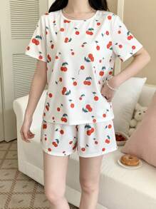 SHEIN Set de 2 piezas para adolescentes y niñas: Pijama informal de camiseta de manga corta de cuello redondo y pantalón corto con estampado de cerezas, conjunto de punto holgado para verano