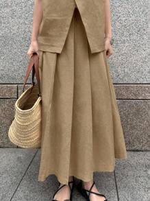 FRIFUL 2pcs Women Holiday Set: Sleeveless Split Hem Top And High Waist Skirt, Retro Style Linen - Khaki - View 4