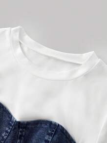 SHEIN MOD MOD Women White Knitted Patchwork Blue Denim Round Neck Short Sleeve Cropped Top,Summer Top