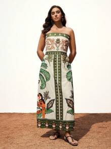 Maija Plus Size Women's Tropical Floral Print Bandeau Maxi Dress, Elegant Holiday Style - Multicolor - View 3