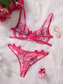 Bộ đồ lót ren lưới thêu hoa 2 món/bộ cho nữ - Màu Hồng Tươi - Xem 2