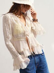 Bohemela Blusa casual de mujer con bordados y volantes en el bajo, de estilo bohemio - Albaricoque - Ver 4