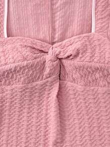 SHEIN Leap Crew Teen Girls' Spring & Summer Pink Texture Jacquard Twist-Knot Fitted Waist Short Sleeve Romper, Vacation Casual Minimalist Jumpsuit - Pink - View 4