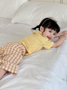 Dazy Kids 2pcs Baby Girl Solid Color Short Sleeve T-Shirt And Plaid Casual Loose Pants Homewear Set Toddler - Yellow - View 5