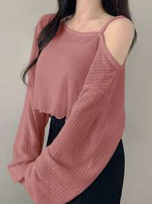 DAZY 女士休闲纯色不对称肩部剪裁宽松 T 恤短款女式上衣长袖上衣 - 紅木色 - 查看 5