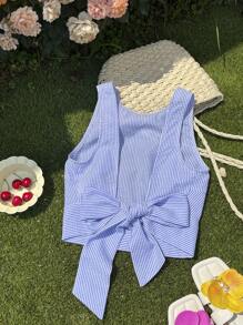 Comfortcana 女式休闲度假条纹露背吊带背心，夏季 - 藍白色 - 查看 6