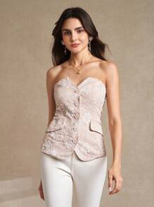 Amorya Spring And Summer, Valentine's Day,Elegant Women's Apricot Three-Dimensional Jacquard Buttoned Notched Neckline Strapless Top - Apricot - View 6