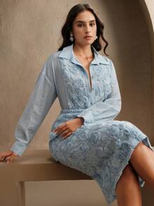 Anewsta New Spring/Summer Textured Relief Embroidery Elegant Business Casual Suit Dress, White, Modern & Chic - Blue - View 4