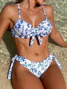 Swim Vcay Bộ đồ bơi bikini gợi cảm cạp cao có nơ phía trước mới - Xanh và trắng - Xem 1