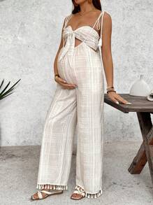 SHEIN Áo ống ngực nhiều màu + áo liền quần dây thừng cho phụ nữ mang thai khi đi nghỉ Quần áo bà bầu Bộ đồ hai mảnh Trang phục đi biển - Màu Khaki - Xem 6