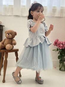DAZY 女童可爱刺绣网眼泡泡袖宽松连衣裙 - 淺藍色 - 查看 7