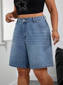 SHEIN ICON 大码女式宽松口袋阔腿休闲牛仔百慕大短裤 - 藍色 - 查看 1