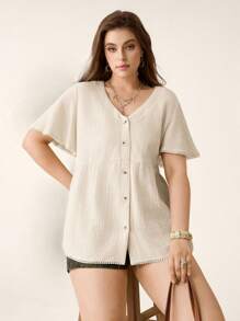 SHEIN LUNE Plus Size Summer Women's Cozy Fit Apricot Slouchy Casual Style Renaissance Fair Puff Sleeve Boho Blouse Relaxed Bohemian Blouse, Summer Short Sleeve Simple Casual Everyday Blouse Casual Vacation Mother's Day Gift Mama Mother Day Boho Blouse - Apricot - View 7