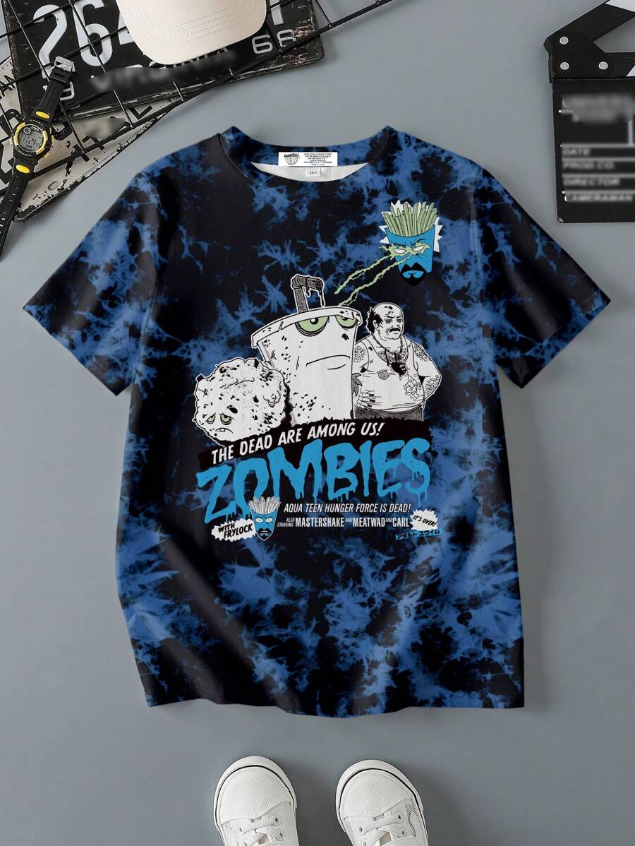 Aqua Teen Hunger Force X SHEIN Camiseta de manga corta de cuello redondo con estampado de teñido anudado y gráfico de dibujos animados para niño preadolescente - Blanco - Ver 1