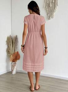 EMERY ROSE 女士休闲纯色圆领短袖腰带夏季连衣裙，女士商务休闲连衣裙 - 粉色 - 查看 2
