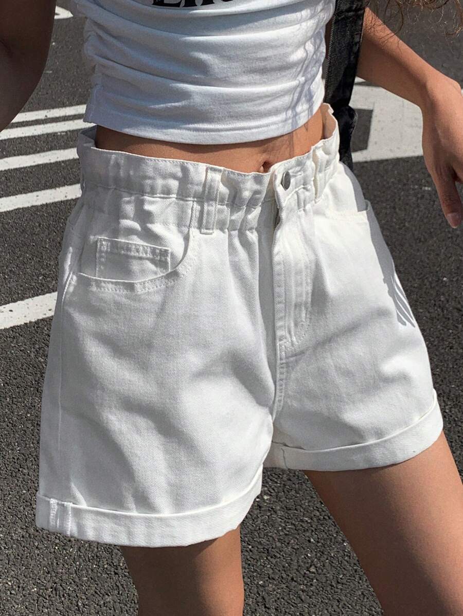 DAZY 女式宽松直筒度假翻边牛仔短裤 - 白色 - 查看 1