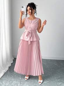 Elenzga Conjunto plus size de 2 peças: camisa minimalista de cor sólida, sem mangas, com botões + saia plissada em A, traje feminino casual de verão para negócios com laço elegante, vestidos formais para convidadas de casamento - Rosa - Ver 6