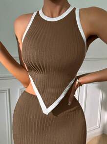 SHEIN PETITE 撞色滚边不对称下摆背心图案T恤女式上衣