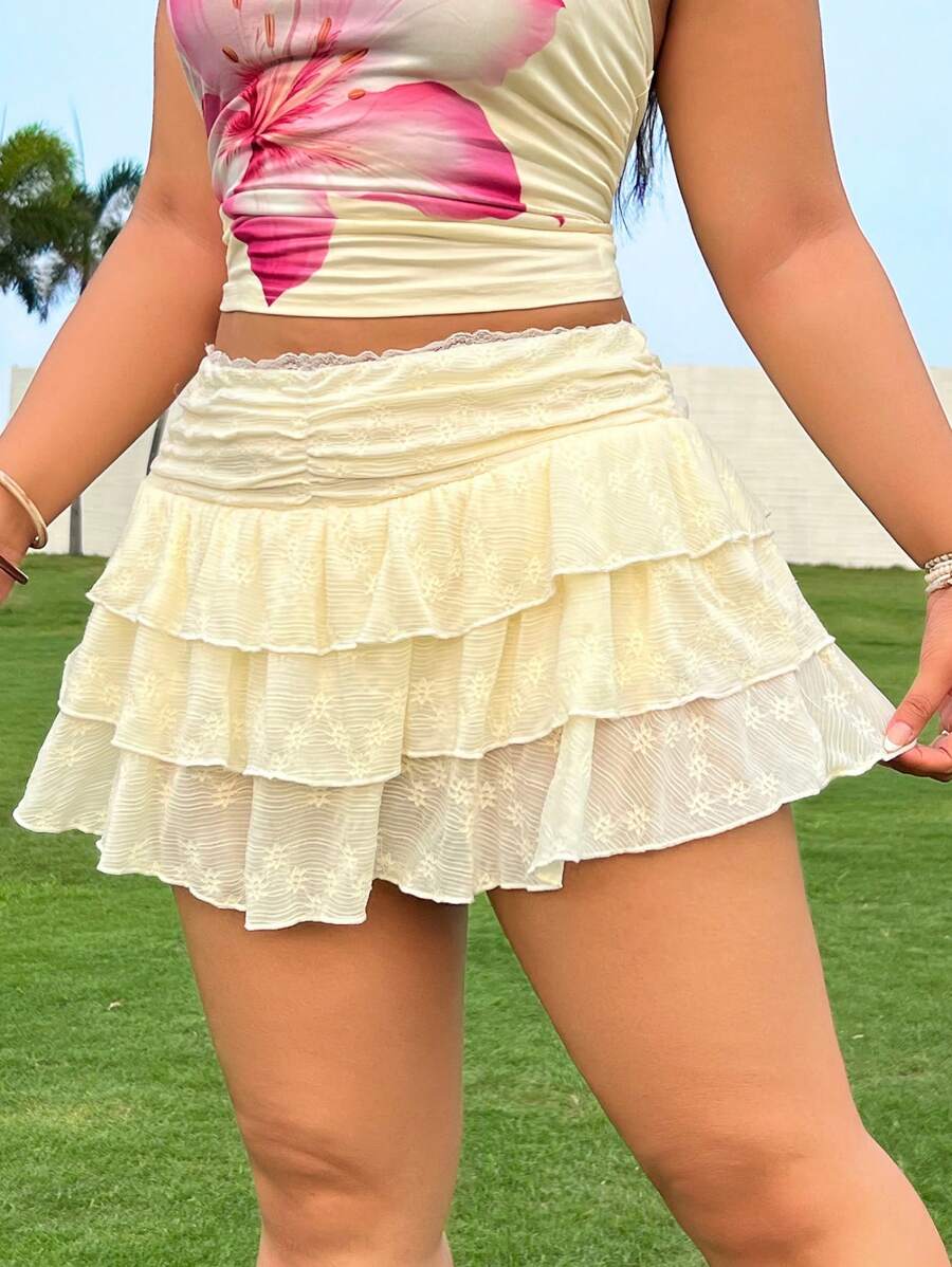 SHEIN EZwear Falda casual de encaje de talla grande, color amarillo claro