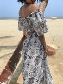 DAZY Vestido longo feminino com estampa floral e ombros à mostra, ideal para praia e cruzeiro. Estilo boho. - Azul - Ver 4