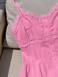 Comfortcana 女士纯色撞色蕾丝单排扣吊带背心粉色蕾丝边上衣粉色夏季上衣可爱粉色上衣娃娃衫女士娃娃衫夏季女士上衣夏季吊带背心 - 粉色 - 查看 8