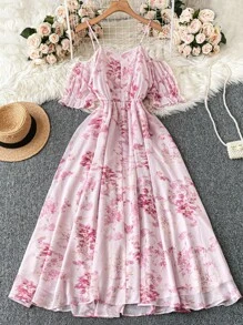 SHEIN Tall Vestido de estilo artístico elegante y único para mujer de talla grande, con estampado de flores estilo dama francesa apropiado para el verano, vuelta al cole, graduación, festivales, San Valentín, festivales de música, Día de la Madre, Halloween, Acción de Gracias, Pascua, Día Nacional, bailes, citas, fiestas, actividades al aire libre