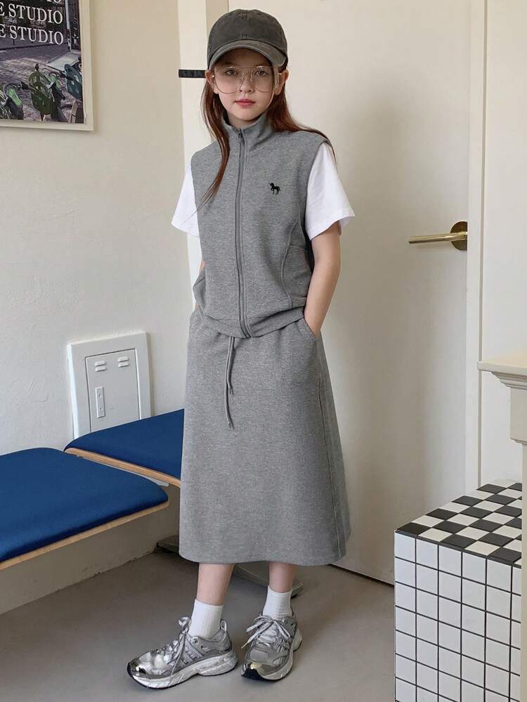 2pcs/Set Tween Girls Casual Versatile Cropped Top And Skirt Set, Summer