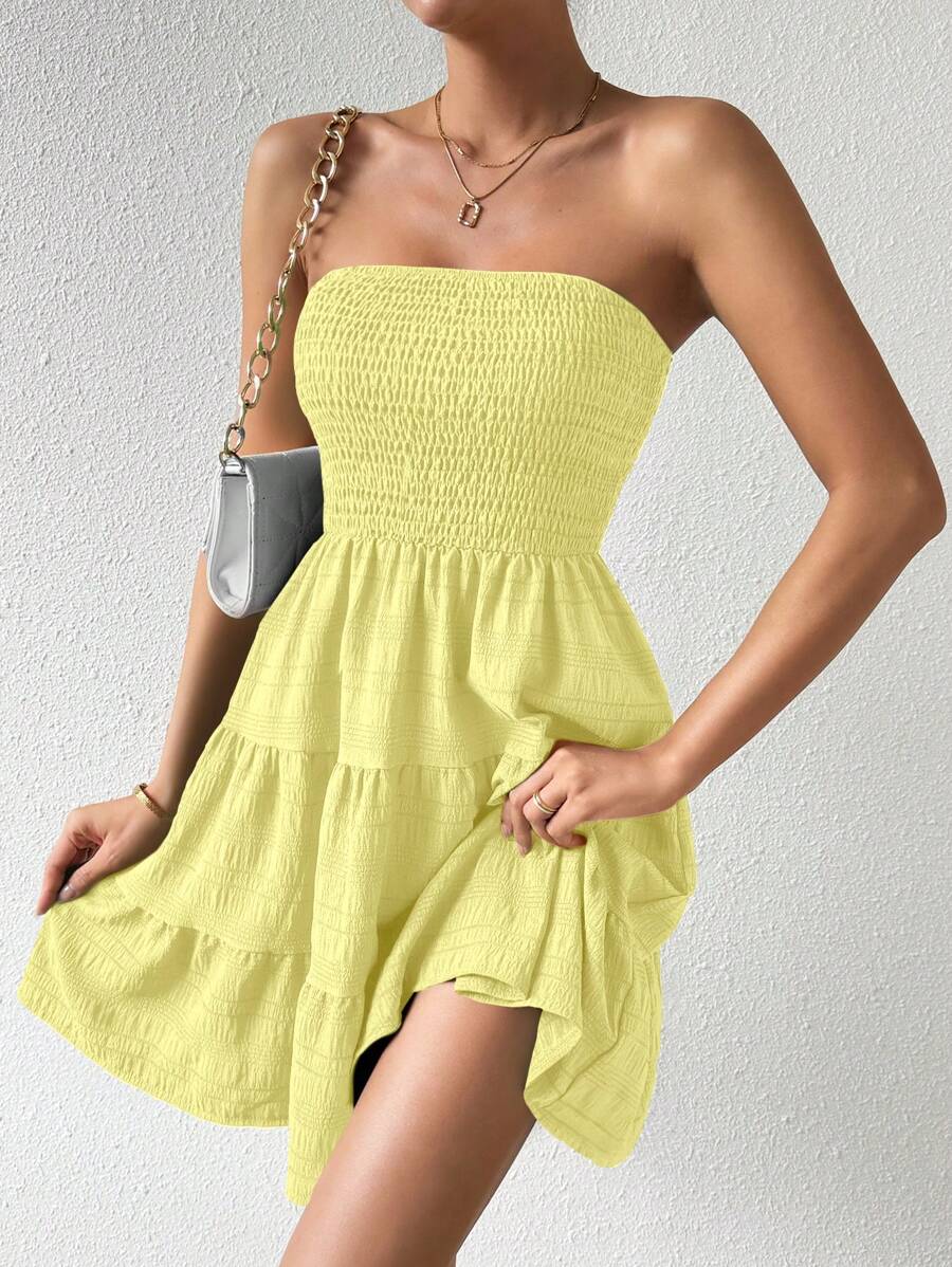Roamenne Roamenne Women's Vacation Strapless Layered Hem Dress - Yellow - View 1