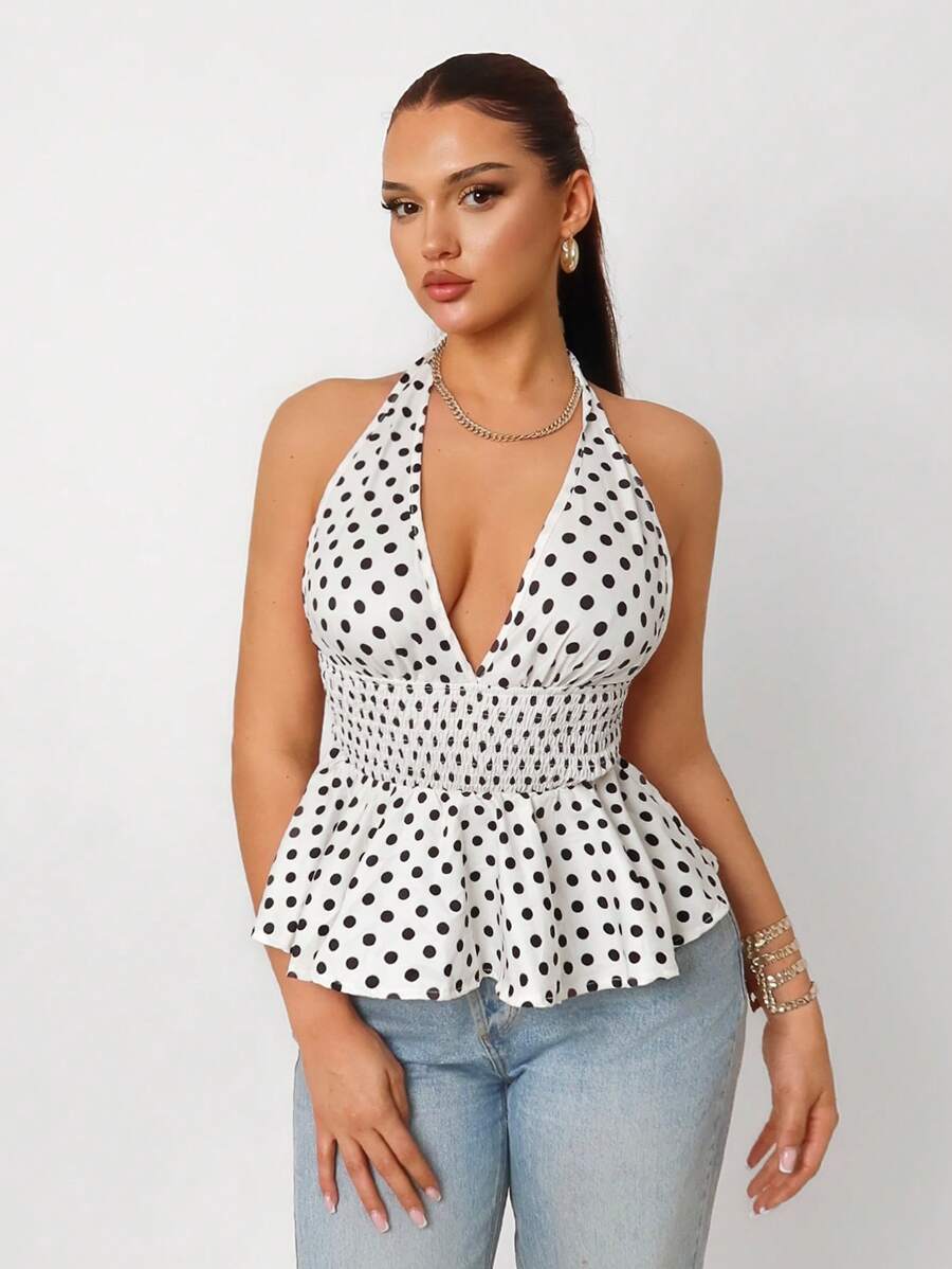 Sirith 2025 Summer New Women's Sexy Tie-Front Polka Dot Blouse With Shirred Back, Perfect For Beach Vacation, Casual Wear, And Parties - Apricot - View 1