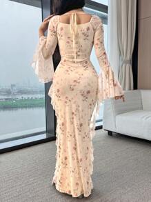 Feyla 女式花卉印花甜心领喇叭袖优雅连衣裙 - 彩色 - 查看 4