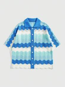 ROMWE MEN Street Life 男士宽松针织衫针织短袖上衣 - 藍色 - 查看 1