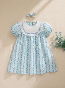 SHEIN Young Girl Rustic Ditsy Floral Color Blocking Ruffle Collar Dress, And Sweet, Suitable For Summer, Suitable For Picnic - Multicolor - View 3