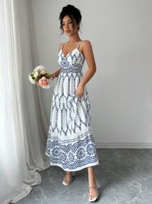 Elenzga 夏季女士细肩带收腰 A 字型优雅佩斯利印花连衣裙