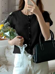 DAZY Women Solid Black Round Neck Fitted Short Sleeve T-Shirt, Grey, Spring/Summer - Black - View 4