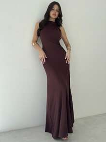 Firerie Women's Elegant Asymmetrical Shoulder Cinched Waist A-Line Sleeveless Knit Long Dress, Purple Red, Suitable For Vacation, Beach, Party Business Casual Woman,Bodycon Dress,Graduation,Teacher Outfits For Women,Teacher Dress