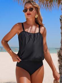 Swim Lushoire 2pcs/Set Solid Color Loose Pleated Padded Triangle Cup Strap Casual Holiday Swimsuit For Summer Beach Vacation