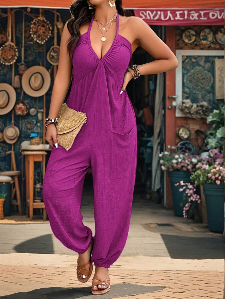 Breezaya 大码V领纹理面料连体裤，带口袋和束口裤腿，适合休闲、室内、旅行、度假等场合，女士夏季服装 - 中紫紅色 - 查看 1
