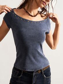 Bohemela Vintage American Casual Solid Color Washed Knit Rivet Off-Shoulder Women T-Shirt - Grey - View 6