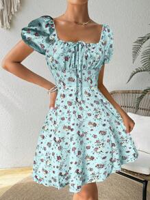 Chiquease 方领花卉腰带中长连衣裙 女士度假海滩装 - 藍色 - 查看 3