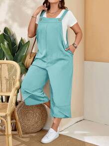 EMERY ROSE 春季大码女式红色工装裤，可调节肩带，纽扣开合，裤腿开叉处有口袋 - 薄荷藍 - 查看 1