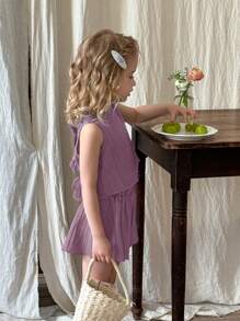 SHEIN LMoss Kids 2pcs Young Girl Woven Solid Color Round Neck Sleeveless Top And Shorts Set