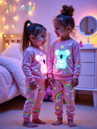 SHEIN Perso Play 2 Piece Sets Snug Fit Night Wear Kids  Baby Girls' Cute Rainbow, Star & Bear Print Long Sleeve Bodysuit And Pants Homewear Set, Pink .This Product Requires UV Light Exposure To Glow.