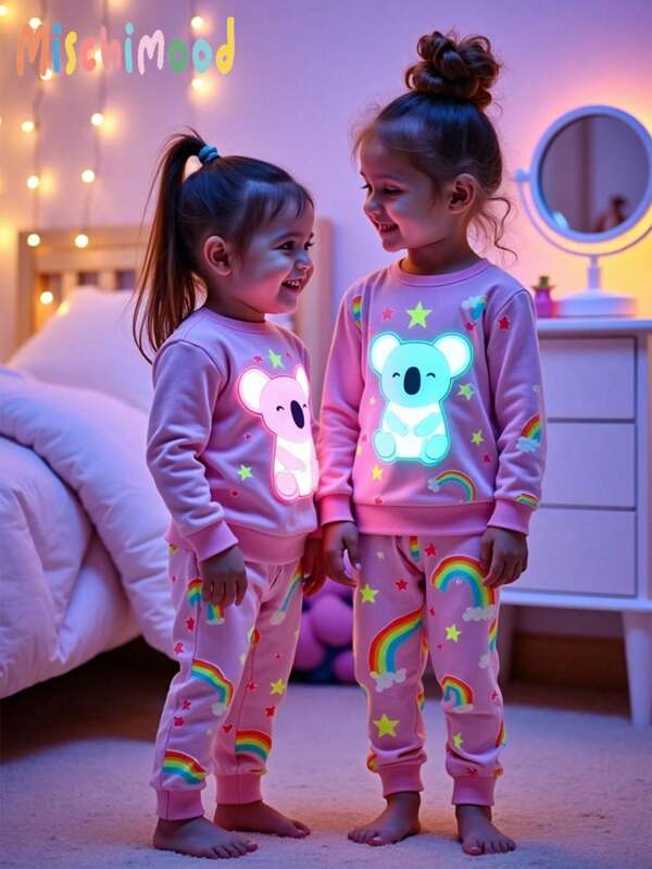 SHEIN 2pcs Baby Girls' Cute Rainbow, Star & Bear Print Long Sleeve Bodysuit And Pants Homewear Set, Pink