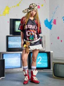 Nick 90's X ROMWE T-shirt oversize estiva con stampa retrò di lettere e cartoni americani