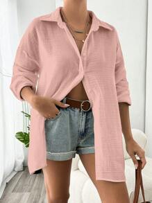 EURMUSE Camisa con hombros caídos lisos y botón delantero - Rosa Pálido - Ver 3