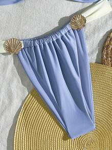 Swim Vcay Bộ 2 chiếc/Bộ Bikini tam giác cạp cao họa tiết vá màu trơn dành cho nữ, đồ bơi tối giản hàng ngày - Màu xanh nhạt - Xem 5